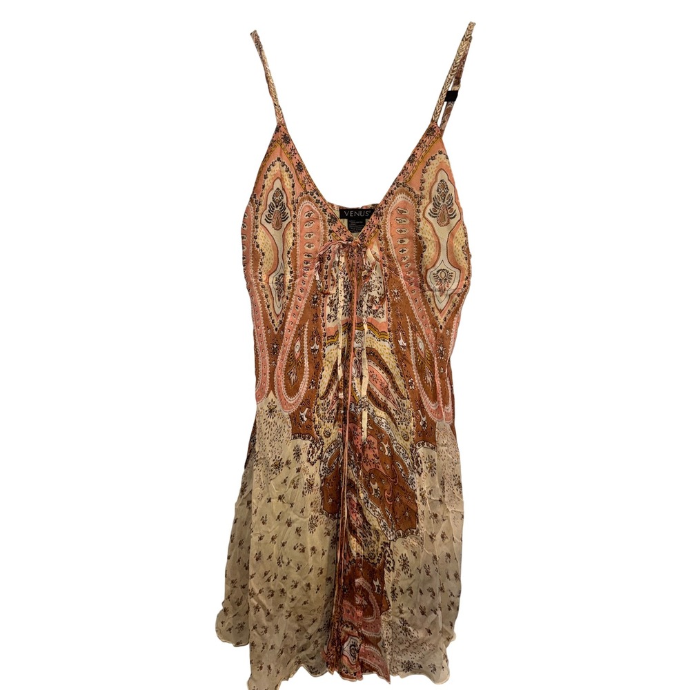 Y2K Venus Sz S Paisley Floral Beaded Straps Babydoll Mini Dress Earthy Boho